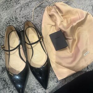 Prada Black Patent Leather Pointed Mary Jane Flats with Beige Dust Bag